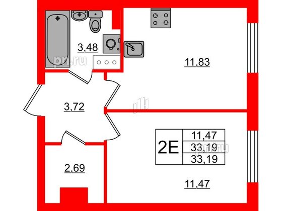 Квартира в ЖК Кинопарк, 1 комнатная, 33.19 м², 2 этаж