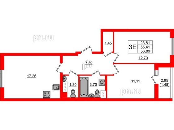 Квартира в ЖК Кинопарк, 2 комнатная, 56.89 м², 2 этаж