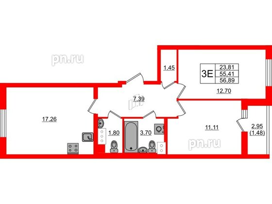 Квартира в ЖК Кинопарк, 2 комнатная, 56.89 м², 4 этаж