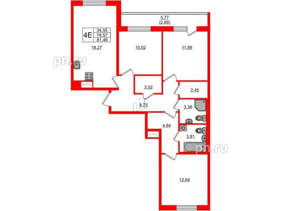 Квартира в ЖК Кинопарк, 3 комнатная, 81.46 м², 4 этаж