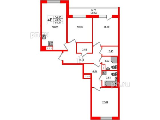 Квартира в ЖК Кинопарк, 3 комнатная, 81.11 м², 5 этаж