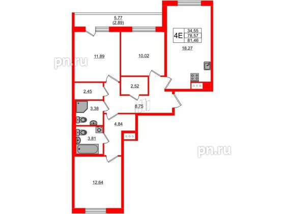 Квартира в ЖК Кинопарк, 3 комнатная, 81.46 м², 4 этаж