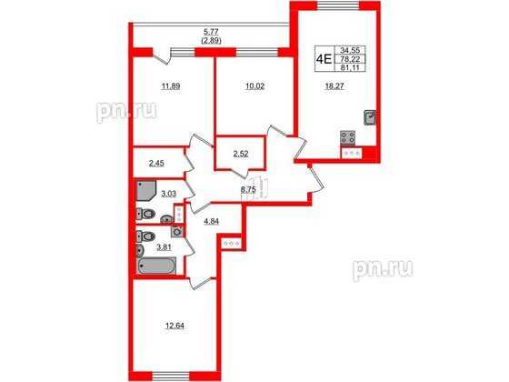 Квартира в ЖК Кинопарк, 3 комнатная, 81.11 м², 5 этаж