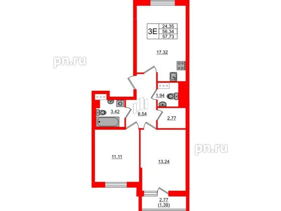 Квартира в ЖК Кинопарк, 2 комнатная, 57.73 м², 3 этаж