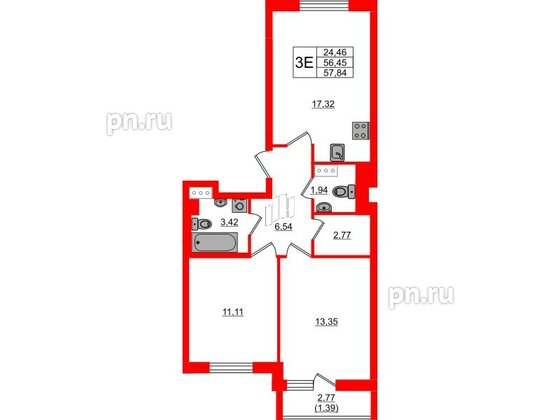 Квартира в ЖК Кинопарк, 2 комнатная, 57.84 м², 4 этаж