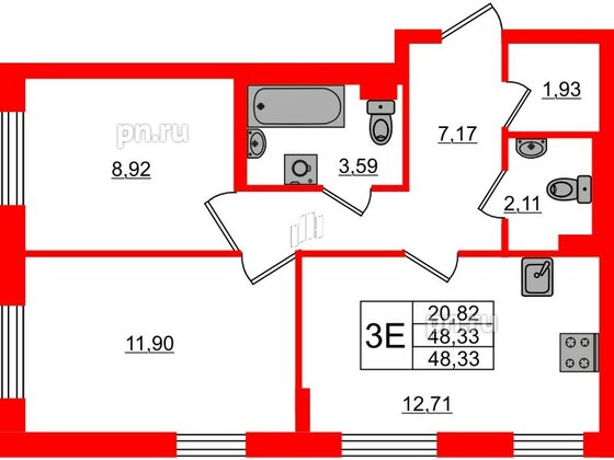 Квартира в ЖК Кинопарк, 2 комнатная, 48.33 м², 1 этаж