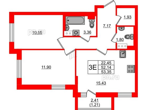 Квартира в ЖК Кинопарк, 2 комнатная, 53.35 м², 3 этаж