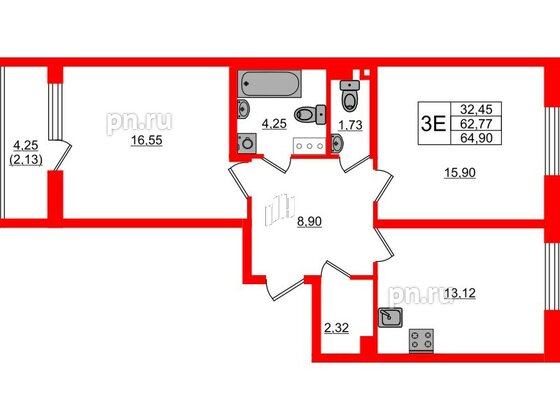 Квартира в ЖК Кинопарк, 2 комнатная, 64.9 м², 3 этаж