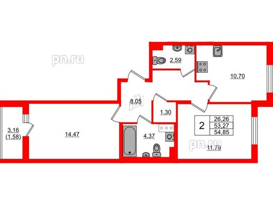 Квартира в ЖК Кинопарк, 2 комнатная, 54.85 м², 3 этаж