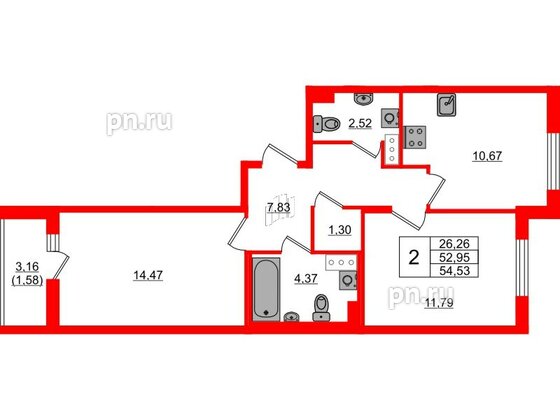 Квартира в ЖК Кинопарк, 2 комнатная, 54.53 м², 4 этаж