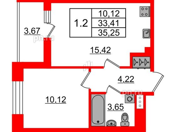 Квартира в ЖК «Бионика Заповедная», 1 комнатная, 33.41 м², 12 этаж