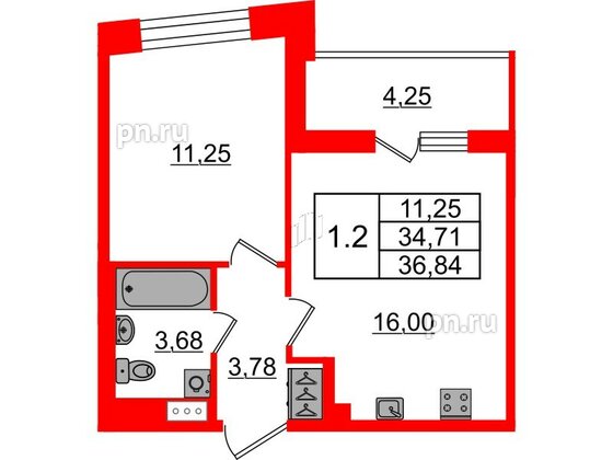Квартира в ЖК «Бионика Заповедная», 1 комнатная, 34.71 м², 9 этаж