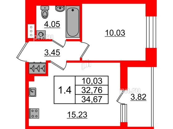 Квартира в ЖК «Бионика Заповедная», 1 комнатная, 32.76 м², 12 этаж