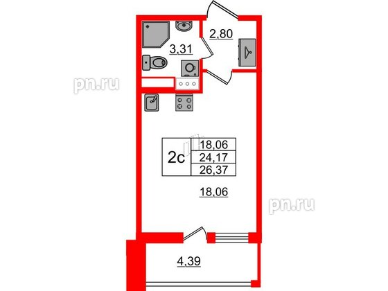 Квартира в ЖК «Бионика Заповедная», студия, 24.17 м², 12 этаж
