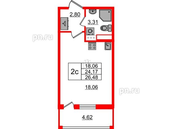 Квартира в ЖК «Бионика Заповедная», студия, 24.17 м², 12 этаж