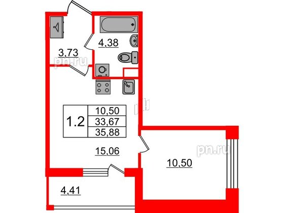 Квартира в ЖК «Бионика Заповедная», 1 комнатная, 33.67 м², 1 этаж