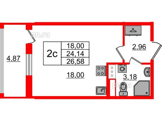 Квартира в ЖК «Бионика Заповедная», студия, 24.14 м², 3 этаж
