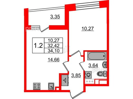 Квартира в ЖК «Бионика Заповедная», 1 комнатная, 32.42 м², 11 этаж