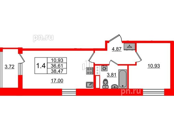 Квартира в ЖК «Бионика Заповедная», 1 комнатная, 36.61 м², 8 этаж