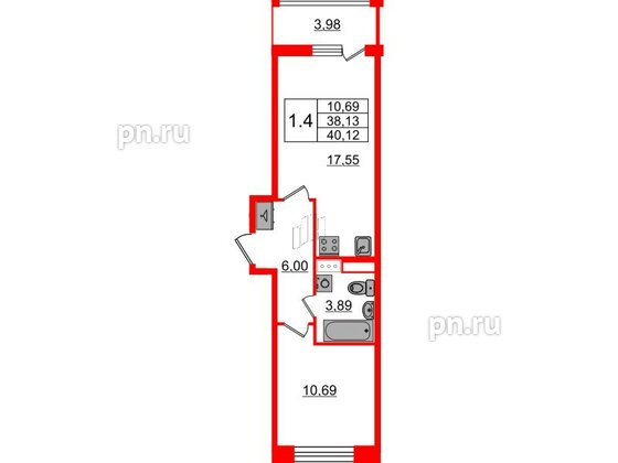 Квартира в ЖК «Бионика Заповедная», 1 комнатная, 38.13 м², 12 этаж