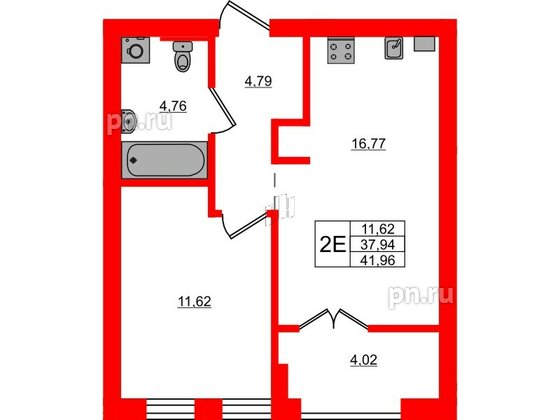 Квартира в ЖК «Включи», 1 комнатная, 41.93 м², 6 этаж