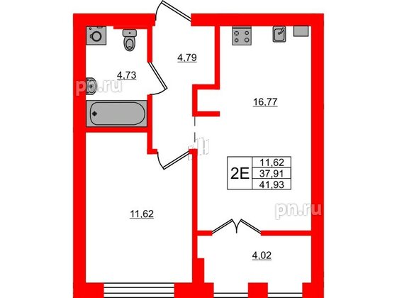 Квартира в ЖК «Включи», 1 комнатная, 41.93 м², 2 этаж