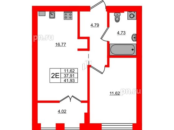 Квартира в ЖК «Включи», 1 комнатная, 41.93 м², 5 этаж