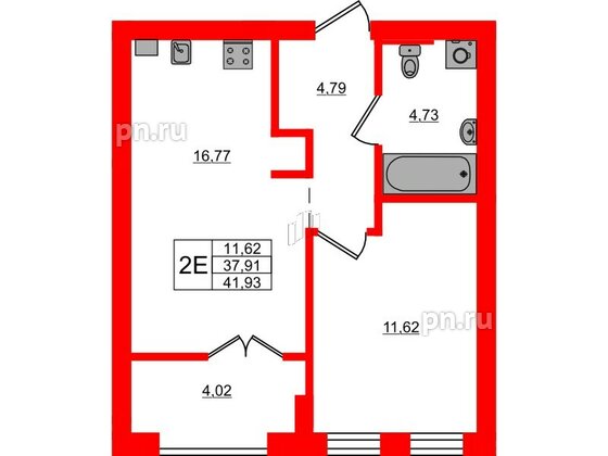 Квартира в ЖК «Включи», 1 комнатная, 41.93 м², 2 этаж