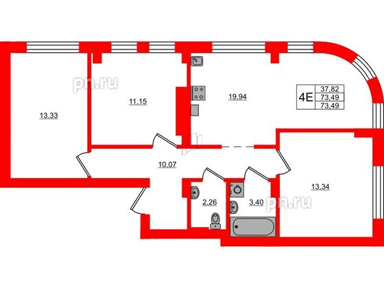 Квартира в ЖК «Включи», 3 комнатная, 73.49 м², 2 этаж