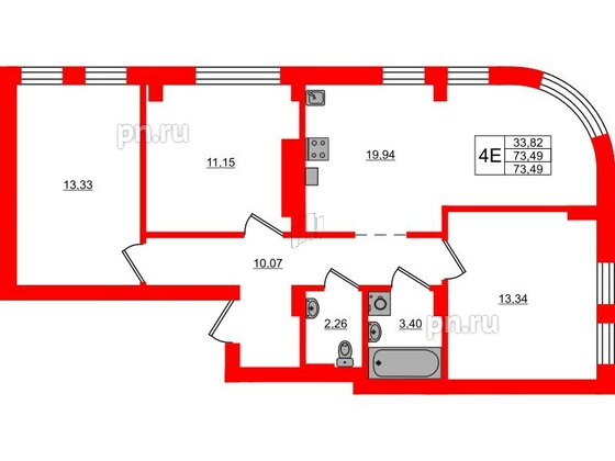 Квартира в ЖК «Включи», 3 комнатная, 73.49 м², 3 этаж