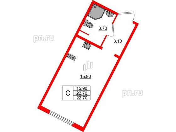 Квартира в ЖК «Ручьи–2», студия, 22.7 м², 2 этаж