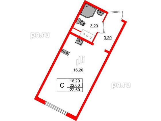 Квартира в ЖК «Ручьи–2», студия, 22.6 м², 4 этаж