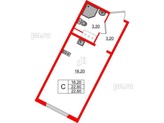 Квартира в ЖК «Ручьи–2», студия, 22.6 м², 18 этаж