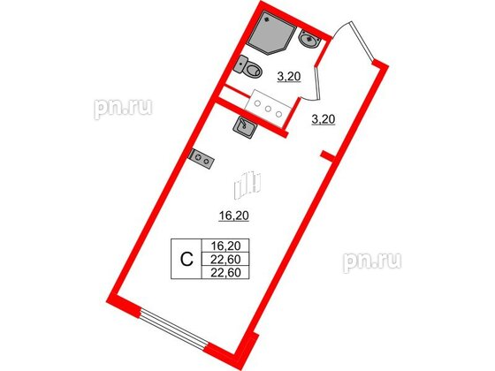 Квартира в ЖК «Ручьи–2», студия, 22.6 м², 16 этаж