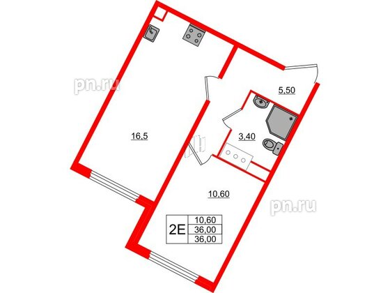 Квартира в ЖК «Ручьи–2», 1 комнатная, 36 м², 4 этаж