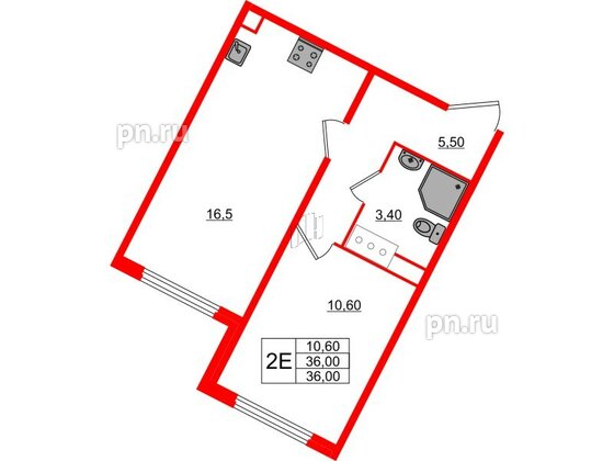 Квартира в ЖК «Ручьи–2», 1 комнатная, 36 м², 10 этаж