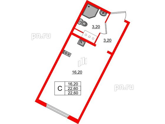 Квартира в ЖК «Ручьи–2», студия, 22.6 м², 14 этаж