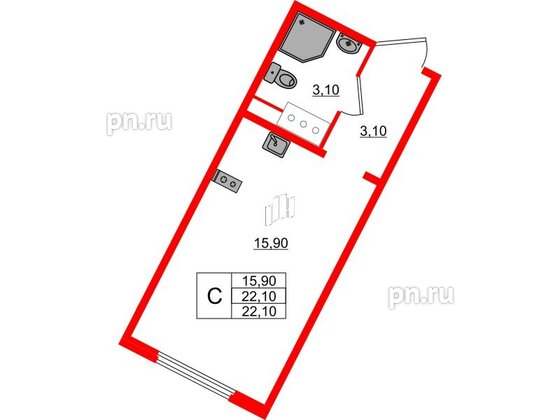 Квартира в ЖК «Ручьи–2», студия, 22.1 м², 3 этаж