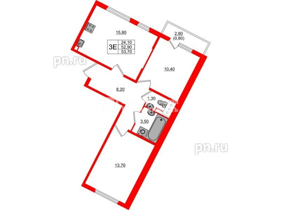 Квартира в ЖК «Ручьи–2», 2 комнатная, 53.7 м², 19 этаж