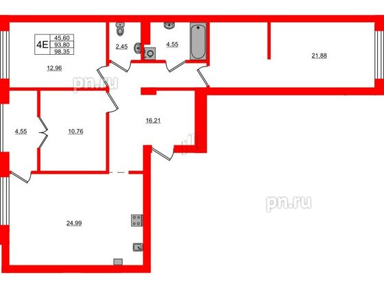 Квартира в ЖК «Включи», 3 комнатная, 98.35 м², 2 этаж