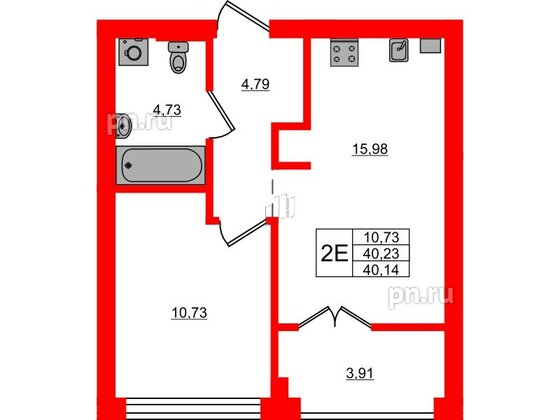 Квартира в ЖК «Включи», 1 комнатная, 40.14 м², 2 этаж