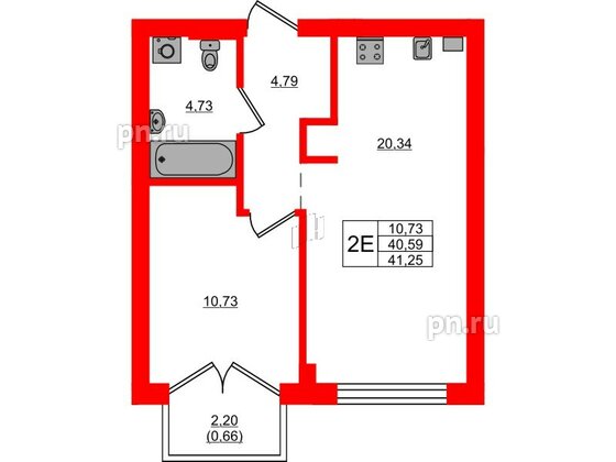 Квартира в ЖК «Включи», 1 комнатная, 41.25 м², 3 этаж