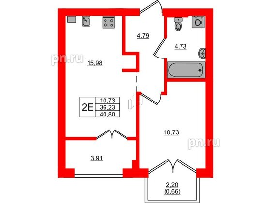 Квартира в ЖК «Включи», 1 комнатная, 40.8 м², 6 этаж