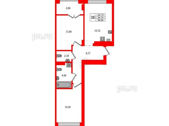 Квартира в ЖК «Включи», 2 комнатная, 58.6 м², 2 этаж