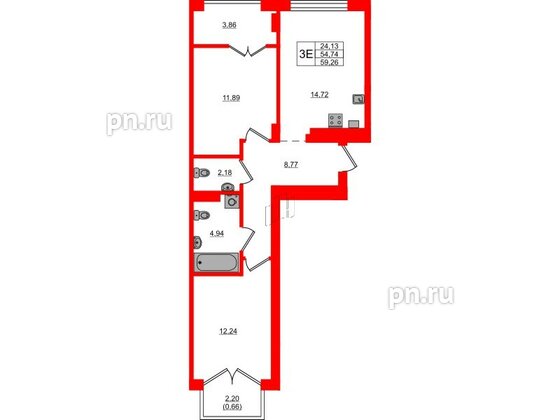 Квартира в ЖК «Включи», 2 комнатная, 59.26 м², 3 этаж