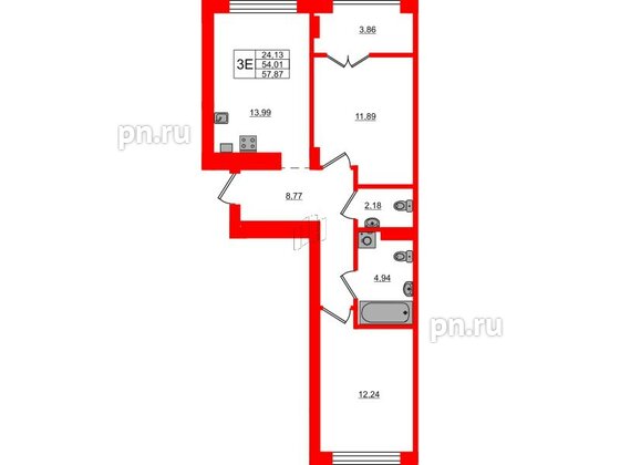 Квартира в ЖК «Включи», 2 комнатная, 57.87 м², 3 этаж