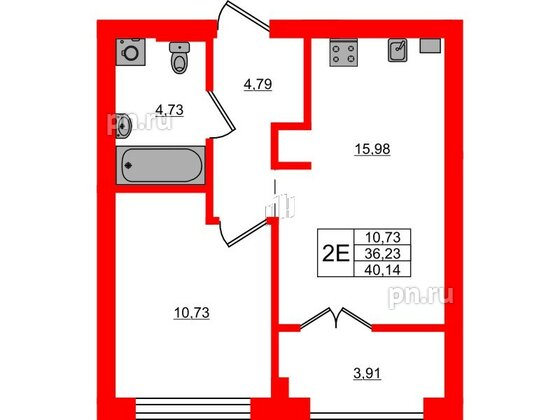 Квартира в ЖК «Включи», 1 комнатная, 40.14 м², 4 этаж