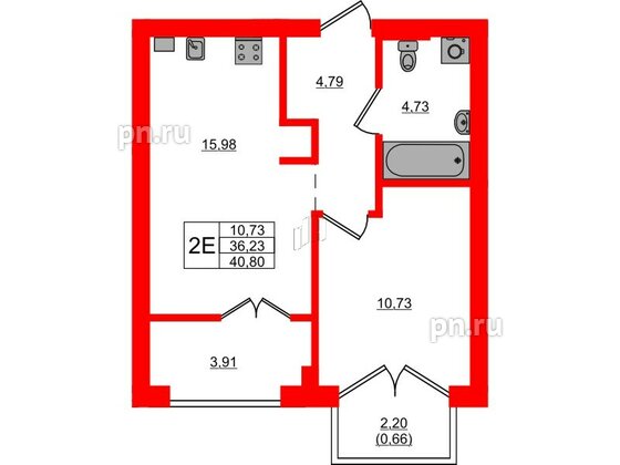 Квартира в ЖК «Включи», 1 комнатная, 40.8 м², 4 этаж