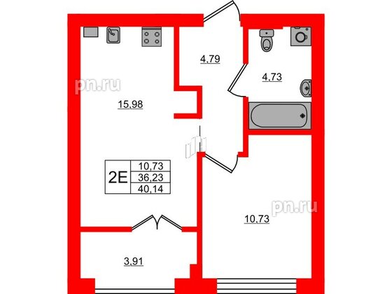 Квартира в ЖК «Включи», 1 комнатная, 40.14 м², 5 этаж