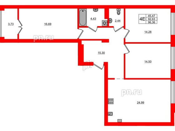 Квартира в ЖК «Включи», 3 комнатная, 96.36 м², 2 этаж